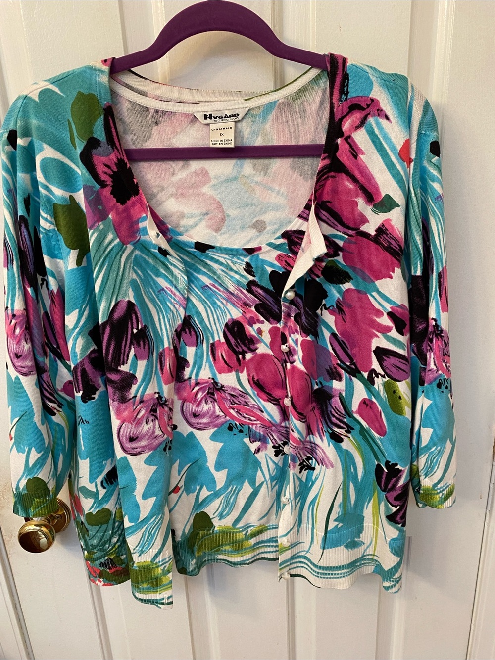 Nygard Teal & Pink Floral Button-Front Sweater Set